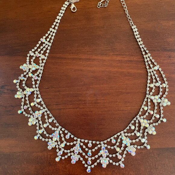 Sparkling Statement Bib Necklace  with AB Rhinestones – Silver Tone - Picture 1 of 4